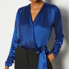 Size Xs Blue Banana Republic Silk Wrapped Blouse. Blue V-neck Blouse For Evening, Chic Blue Evening Top, Chic Blue Blouse For Night Out, Elegant Blue Top For Night Out, Elegant Blue Blouse For Brunch, Blue Satin Blouse, Wrapped Blouse, Blue Banana, Satin Blouse