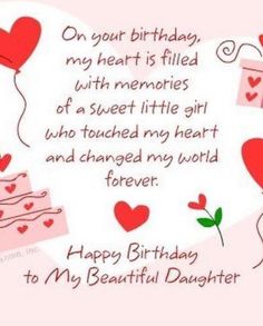 a birthday card for a daughter with hearts and balloons on the side, in pink