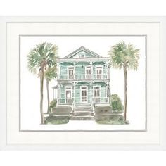 a watercolor painting of a house with palm trees