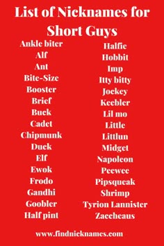 the list of names for short guys on a red background with white letters and black lettering