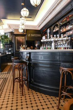 an empty bar with two stools in front of it