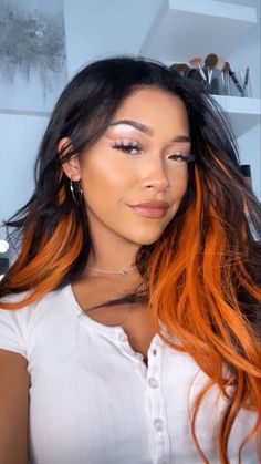 Dark And Orange Hair, Hair Styles For Shaved Sides, Orange Halo Hair, Orange Peak A Boo Hair, Orange Peekaboo Hair Dark Brown, Orange Hair Peekaboo, Vibrant Orange Hair