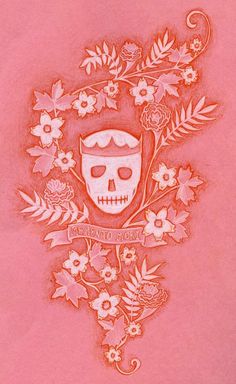 a drawing of a skull with flowers and leaves on it's face, in pink paper