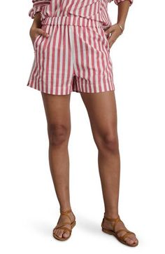 Channel unmistakable retro style in these crisply striped shorts made from a lightweight blend of cotton and linen. 3 1/2" inseam; 26 1/2" leg opening; 12 3/4" front rise; 17" back rise (size Medium) Elastic waist Side-seam pockets; back patch pocket 74% cotton, 26% linen Machine wash, line dry Imported Cotton Bottoms With Vertical Stripes, Short, Short Cotton Bottoms With Vertical Stripes, Cotton Bottoms With Vertical Stripes, Summer Linen Bottoms With Vertical Stripes, Summer Linen Striped Bottoms, Cotton Relaxed Fit Shorts With Vertical Stripes, Striped Cotton Bottoms For Summer, Striped High-waisted Cotton Shorts, Striped Relaxed Fit Pajama Shorts