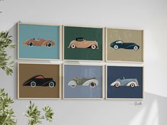 four framed art prints depicting classic cars in different colors and sizes, hanging on a wall