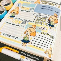 an open planner book with stickers on it and some pens next to the pages