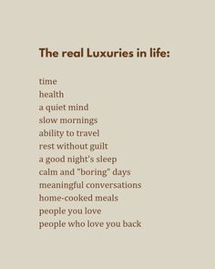 the real luxurys in life text on a beige background with an orange and white photo