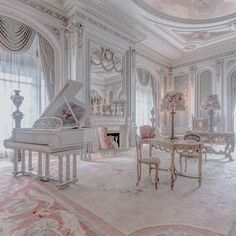 an ornately decorated living room with grand piano