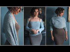 three photos of a woman wearing a blue sweater and grey skirt with her hands on her hips