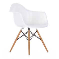 a white plastic chair with wooden legs