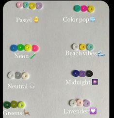 several different types of buttons are displayed on a white surface with the words pastel, color pop, neutral, and midnight