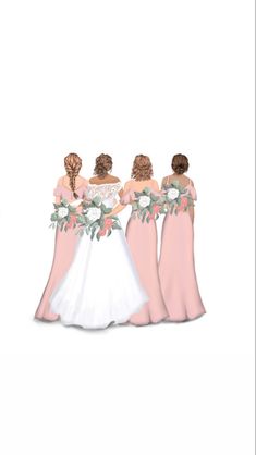 three bridesmaids in pink dresses are standing next to each other