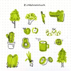 a drawing of green items on a sheet of paper