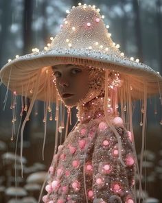 a woman wearing a large hat with beads on it