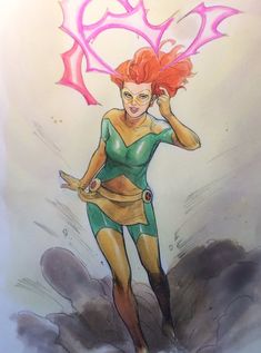 a drawing of a woman with red hair and an orange outfit is standing in the air