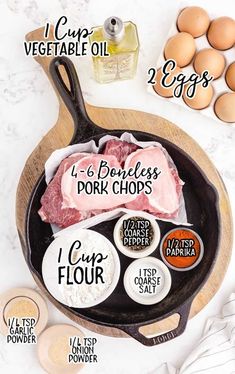 ingredients to make pork chops in a cast iron skillet