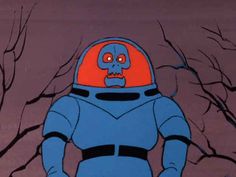 a cartoon character with an orange helmet and blue body