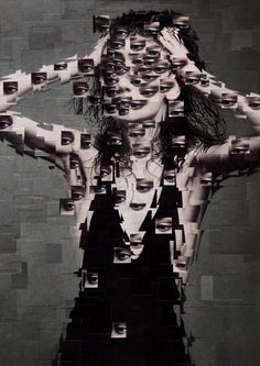 a woman's body is surrounded by multiple images of women in black and white