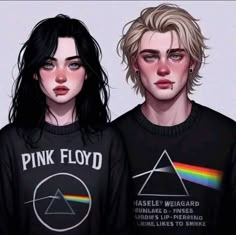 two people wearing pink floyd t - shirts with the dark side of the moon on them