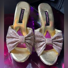 I Have Had These In My Closet For Decades. I Only Wore Them Twice So It’s Time For Someone To Rock These Gold Feminine Heels For Party, Feminine Gold Heels For Party, Gold Slides, Betsey Johnson Shoes, Mule Clogs, Mules Shoes, Betsey Johnson, A Couple, Clogs