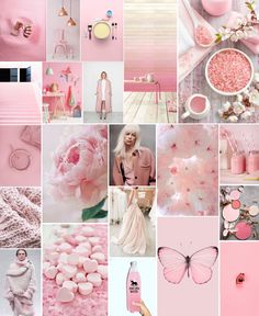 a collage with pink and white colors