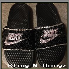 Diamond n pearls Nike flip flops. In most colors Black Rhinestone Flip Flops For Beach, Nike Flip Flops, Tongs, Flip Flop Sandals, Women's Shoes Sandals, Me Too Shoes, Flip Flops, Shoes Sandals, Women Shoes