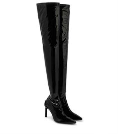 Over The Knee Vinyl Boots in Black - Courreges | Mytheresa Trendy Fitted Knee-high Boots With Reinforced Heel, Fitted Thigh High Patent Leather Boots, Trendy Patent Leather Knee-high Boots With Pointed Toe, Fitted Patent Leather Knee-high Boots For Night Out, Sleek Over-the-knee Party Boots, Patent Leather Knee-high Boots For Night Out, Knee-high Patent Leather Boots For Night Out, Patent Leather High Heel Knee-high Boots For Evening, Fitted Patent Leather Boots For Night Out