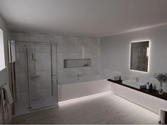 a bathroom with a sink, mirror and bathtub in the middle of the room