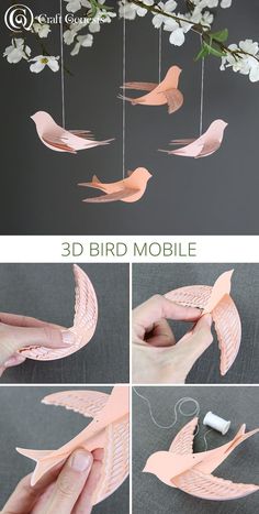 the instructions to make a mobile with paper birds and flowers hanging from it's sides