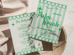 the palm royale bachelor party is on display in front of a white wall with green lettering