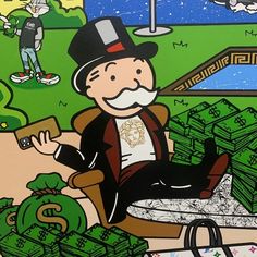 a painting of a man sitting in a chair surrounded by stacks of money