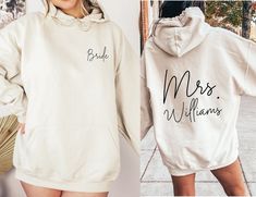 a woman wearing a white hoodie with the word bride printed on it and another photo of her