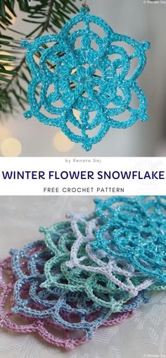 crochet snowflake pattern with text overlay that reads, winter flower snowflake free crochet pattern