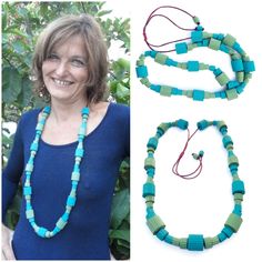 Colorful jewelry-Statement jewelry-Long bead necklace with chunky beads of corrugated paper in two shade of green-Modern bold necklace Green Wooden Beads Beaded Necklace For Gift, Green Wooden Beads Necklace For Gift, Green Wooden Beads Jewelry For Gift, Green Wooden Beads Jewelry Gift, Adjustable Green Wooden Beads, Adjustable Green Beaded Necklace With Wooden Beads, Corrugated Paper, Bold Necklace, Long Beaded Necklace