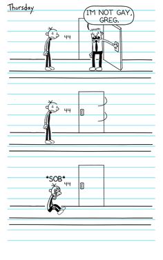 the cartoon strip shows two people in front of a door and one is saying, i'm not gay