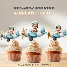 three cupcake toppers in the shape of an airplane with two babies on it