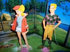 two cartoon people standing next to each other in front of a park with trees and water