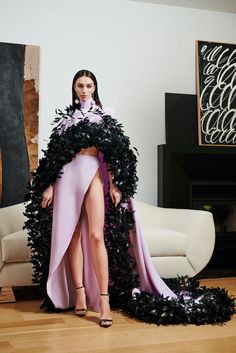 Mock Neck Cape Top with Feather Hem | Christian Siriano Feather Outfit, Resort 2024, Christian Siriano, Custom Bridal, Asymmetrical Skirt, Red Carpet Fashion, Couture Dresses, Couture Fashion, Runway Fashion