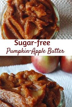 there is a glass bowl filled with sugar - free pumpkin apple butter and apples in the background