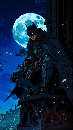 a batman sitting on top of a building with the moon in the background