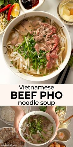 vietnamese beef pho noodle soup in a bowl with chopsticks on the side