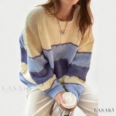 Lasaky - Relaxed Oversized Sweater Coat with Vintage Contrasting Color Design and Striped Knit Sweater Feel Skandinavian Fashion, Oversized Knit Cardigan, Cozy Knit, Loose Sweater, Mode Inspo, 가을 패션, Striped Sweater, Outfit Casual, Trendy Colors