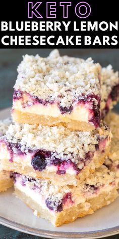 blueberry lemon cheesecake bars stacked on top of each other with text overlay