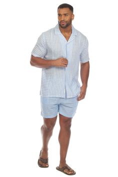 Mojito Men's Causal Beach Resort Wear Shirt with Pinstripe Print Linen Blend Short Sleeve Button Down Fit and Care: Machine wash cold with like colors on delicate cycle. Use only non-chlorine bleach if needed. Line dry and warm iron. May dry-clean. Machine Washable Lightweight, soft Linen blend fabric, comfortable, breathable Flowy comfortable fit Imported Fabric Content: 55% Linen 45% Rayon SKU: M-5433 Light Blue Collared Shirt For Vacation, Relaxed Fit Light Blue Shirt For Beach, Light Blue Relaxed Fit Shirt For Beach, Blue Beachwear Shirt For Vacation, Light Blue Summer Vacation Shirt, Blue Beachwear Shirt For Beach, Linen Shirt For Beach Occasion And Season, Blue Summer Shirt For Vacation, Casual Striped Shirt For Loungewear