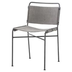 a grey chair with metal frame and arms