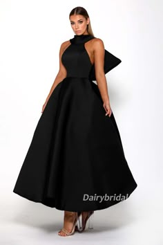 Black A-line Satin High Neck Backless Tea-Length Bridesmaid Dress, FC2 – Dairy Bridal Solid A-line Evening Dress For Banquet, Solid Color Floor-length Evening Gown, Solid Color A-line Bridesmaid Dress For Party, A-line Bridesmaid Ball Gown, Solid A-line Evening Dress For Wedding, Solid A-line Maxi Dress For Evening, A-line Maxi Dress With Sweep Train For Prom, A-line Bridesmaid Gown With Sweep Train, Solid A-line Maxi Dress For Bridesmaids