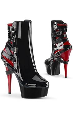 DELIGHT-1012 Black/Red Patent Strappy Boots-Pleaser-Tragic Beautiful Black And Red Accessories, Pleaser Heels Outfit, Drag Heels, Pleasers Heels, Black And Red Heels, Six Inch Heels, Red And Black Fashion, Red And Black Heels, Heels Reference