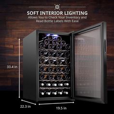 the wine cooler is shown with its door open