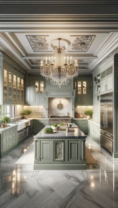 a large kitchen with marble floors and green cabinets