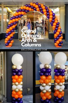 an arch made out of balloons with the words grand opening and columns